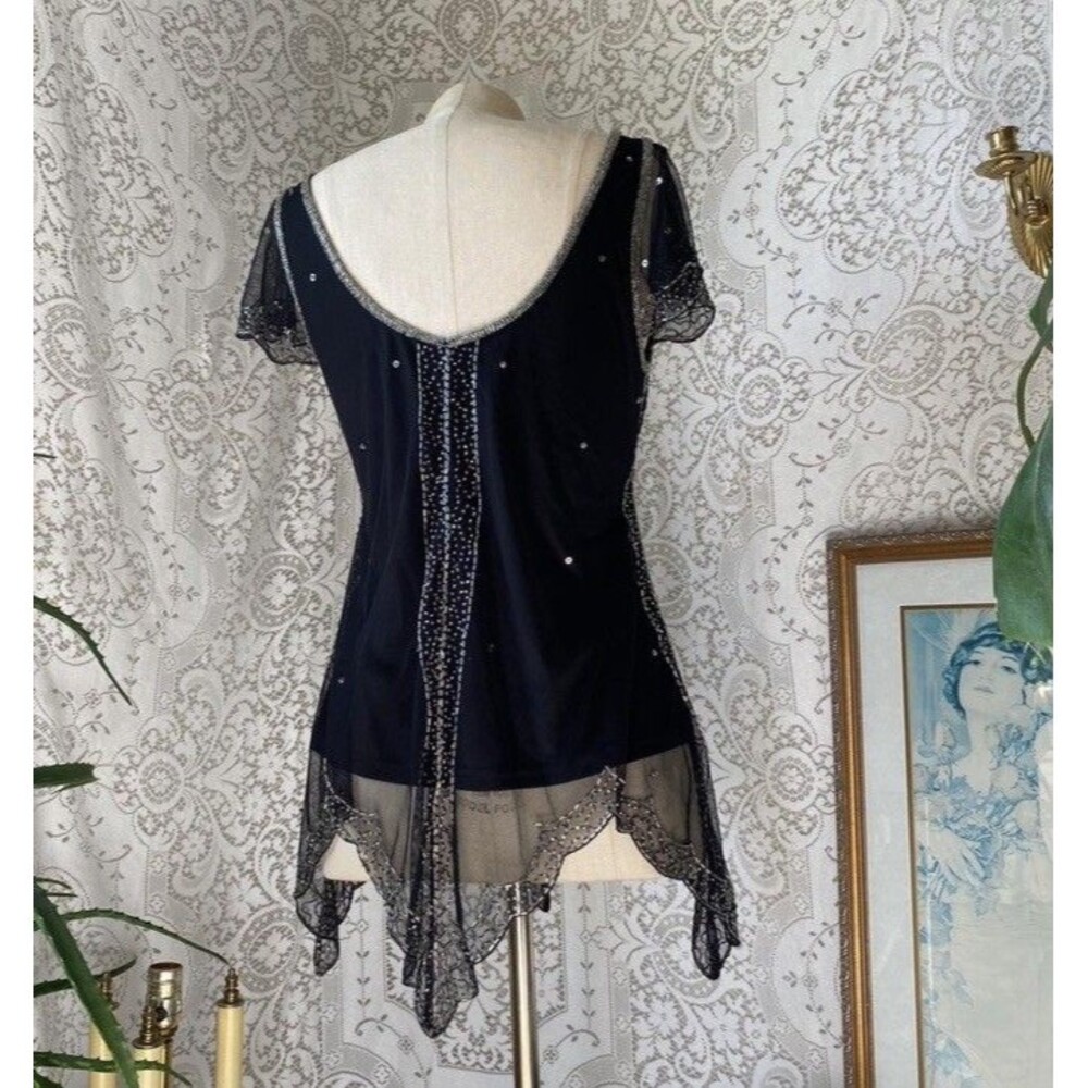 Vtg Y2K Scala Black Sheer Mesh Beaded Silver Sequin Cap Sleeve Top M Whimsigoth - Picture 5 of 12